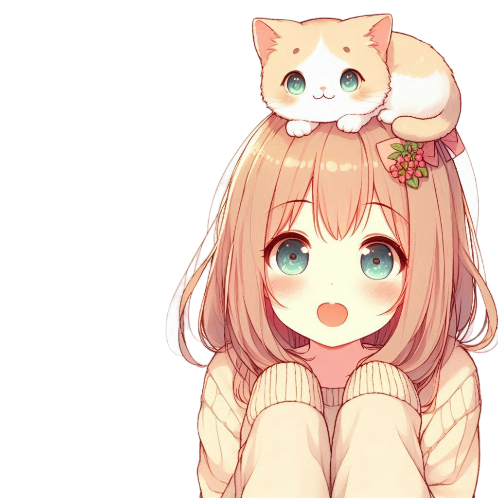 頭に猫をのせた女の子のイラスト